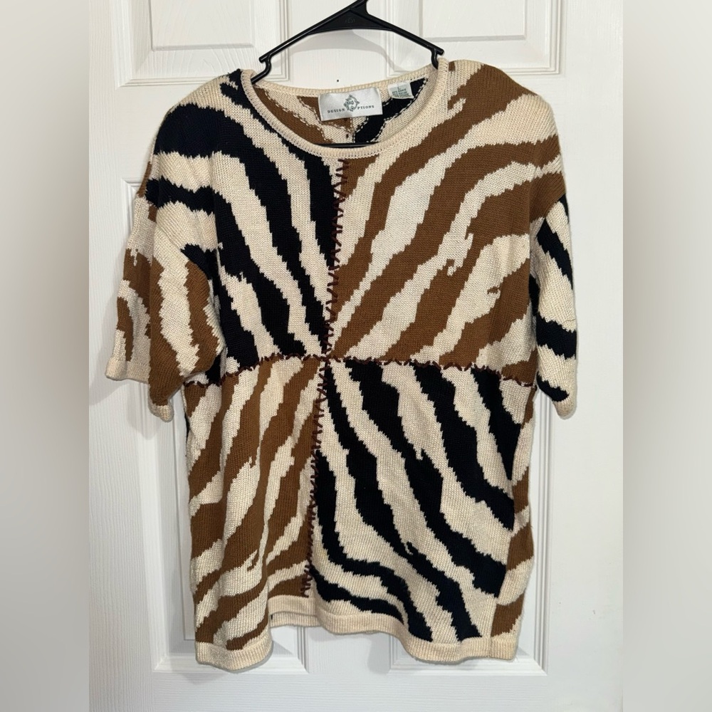 Vintage Brown & Black Zebra Print Short Sleeve Sweater with Shoulder Pads - Picture 4 of 6